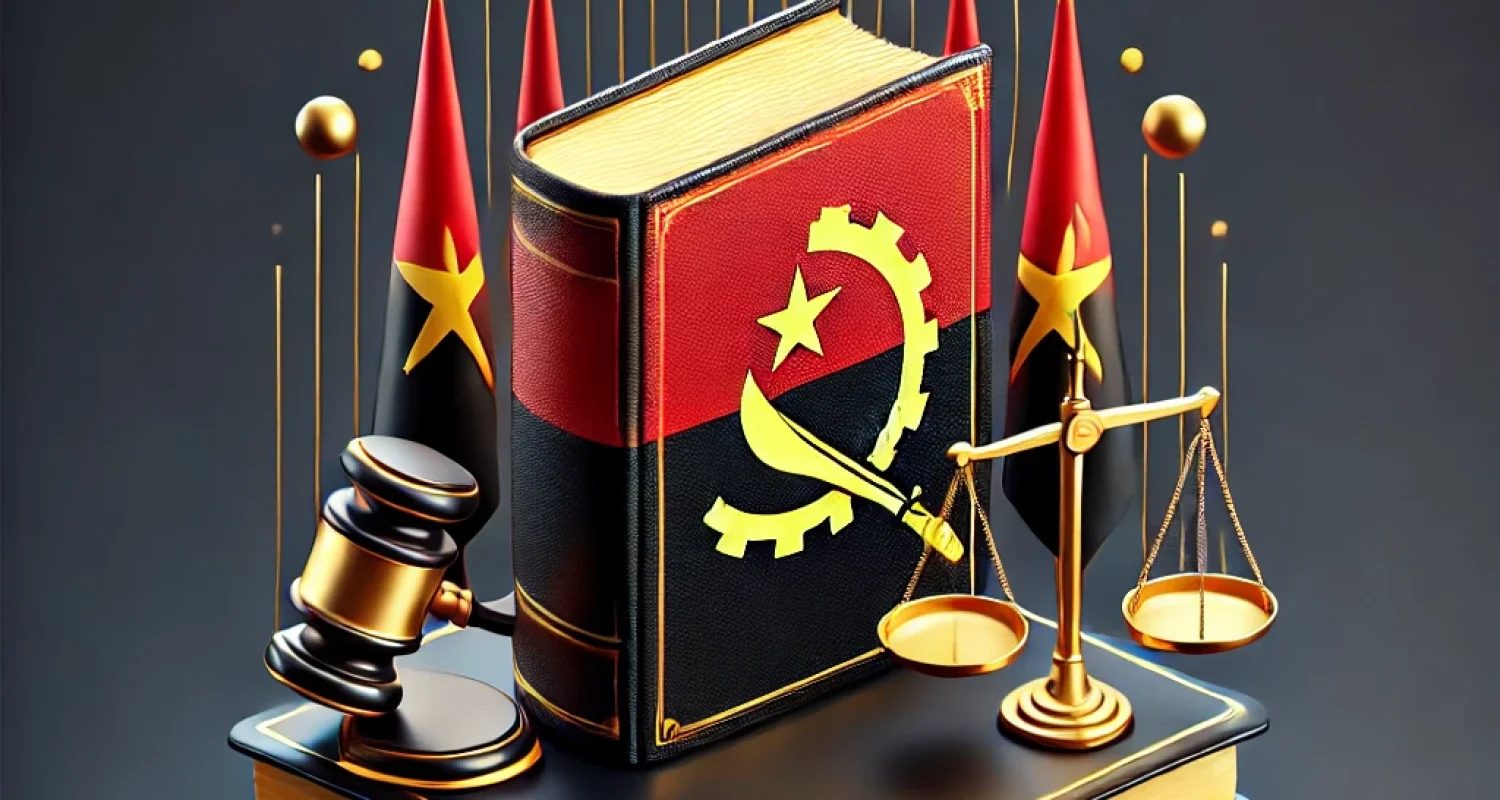 DALL·E 2024-11-05 21.01.12 - An image representing the Angolan Constitution for an article. Depict a symbolic constitution book with the Angolan flag colors (red, black, and yello